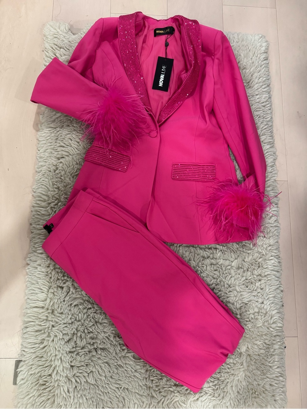 Fashion Nova Fuchsia Feather-Cuff Blazer & Trousers